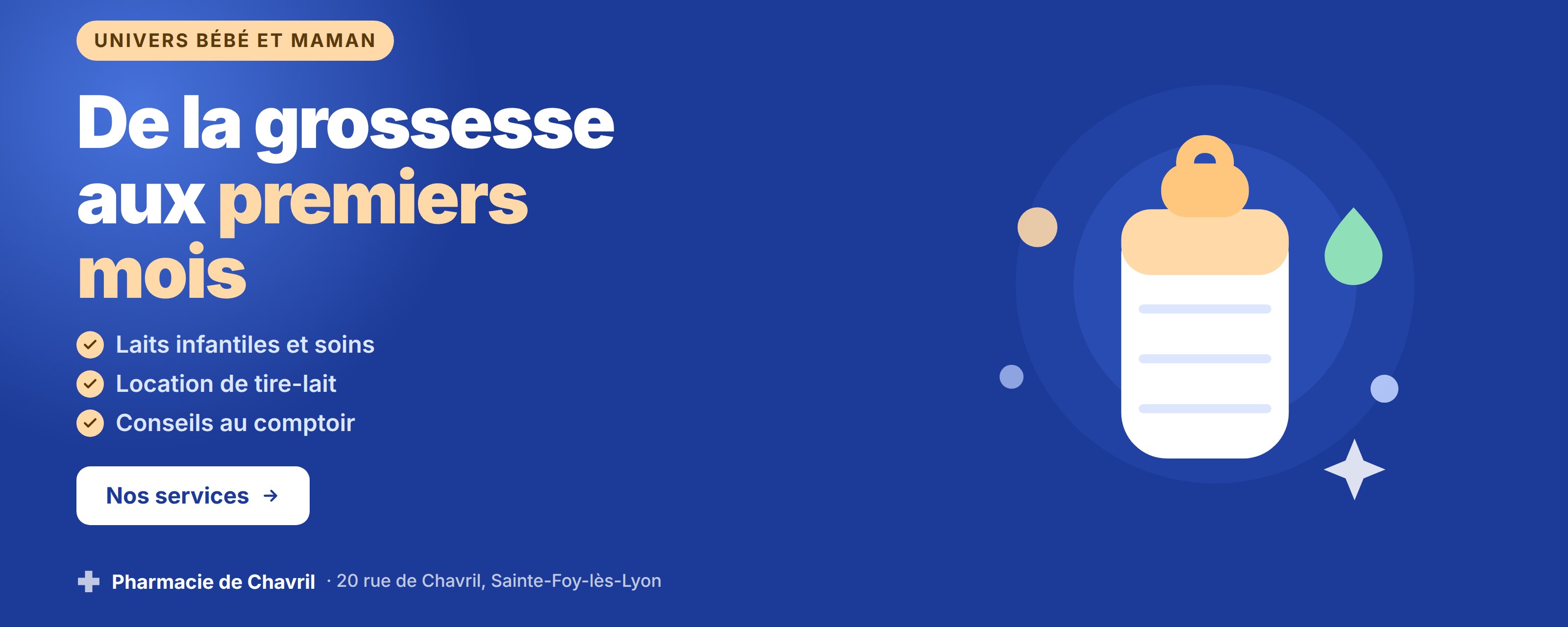 Univers bébé et maman : laits infantiles, soins, puériculture, location de tire-lait et conseils.