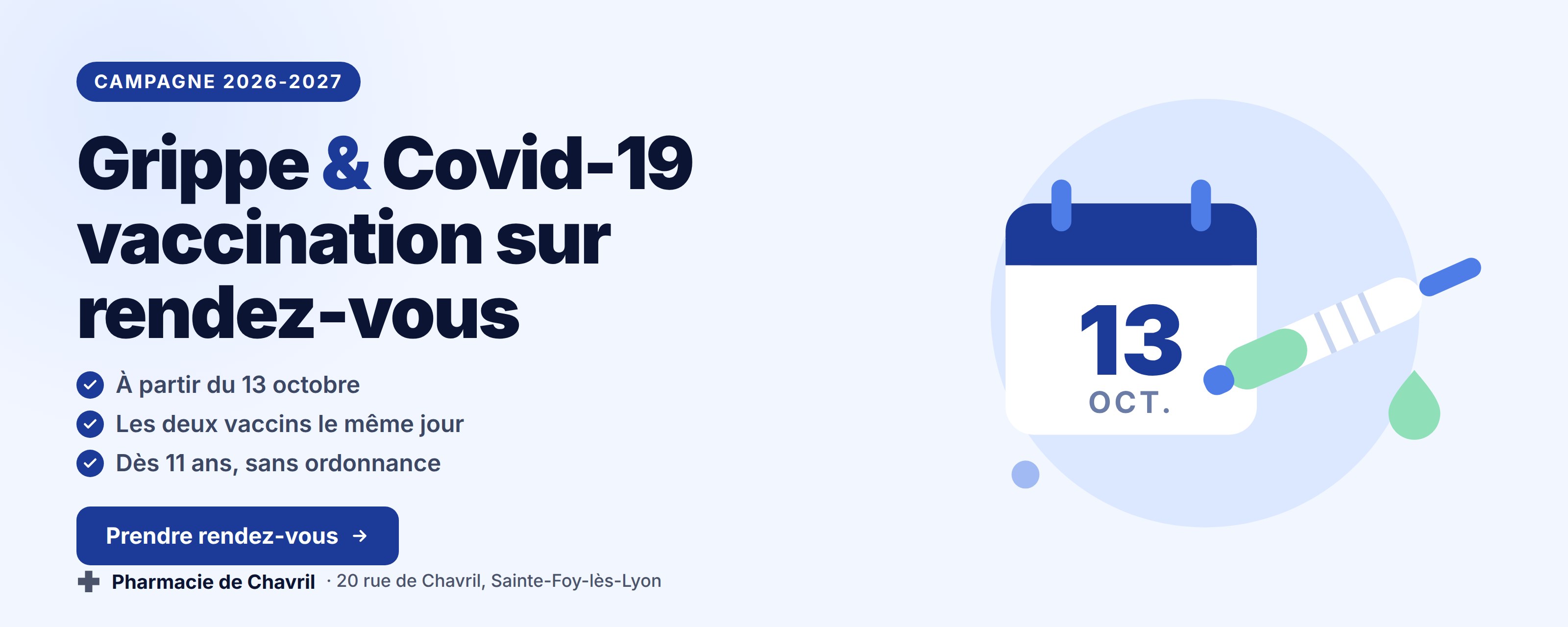 Campagne 2026-2027 : vaccination grippe et Covid-19 sur rendez-vous à la Pharmacie de Chavril, à partir du 13 octobre.